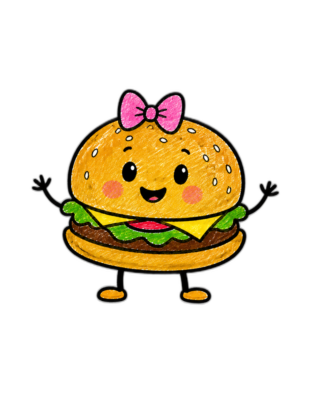 Cheeseburger, a smiling cheeseburger mascot with a pink bow